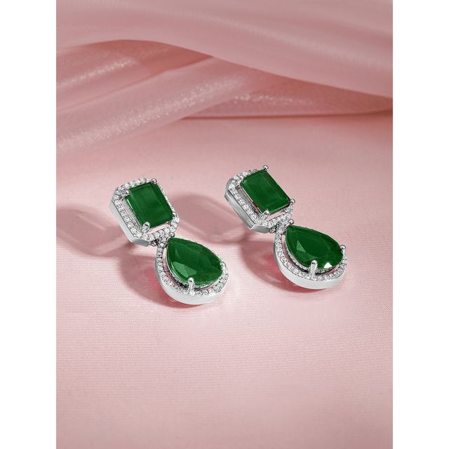 Rubans Rhodium-Plated Emerald Green and Cubic Zirconia Studded Premium Drop Earrings