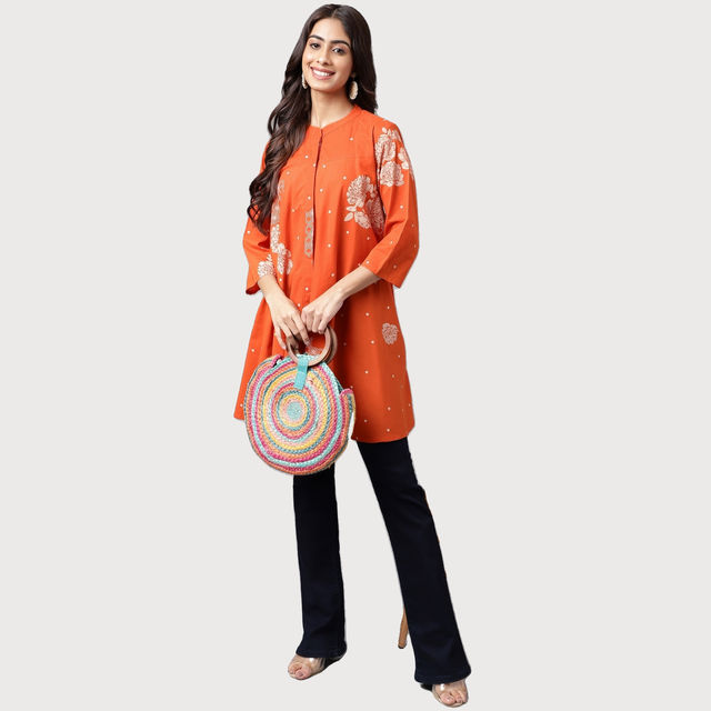 トップス Susan sale Janasya Women s Orange Pure Cotton Floral Printed Flared Tunic