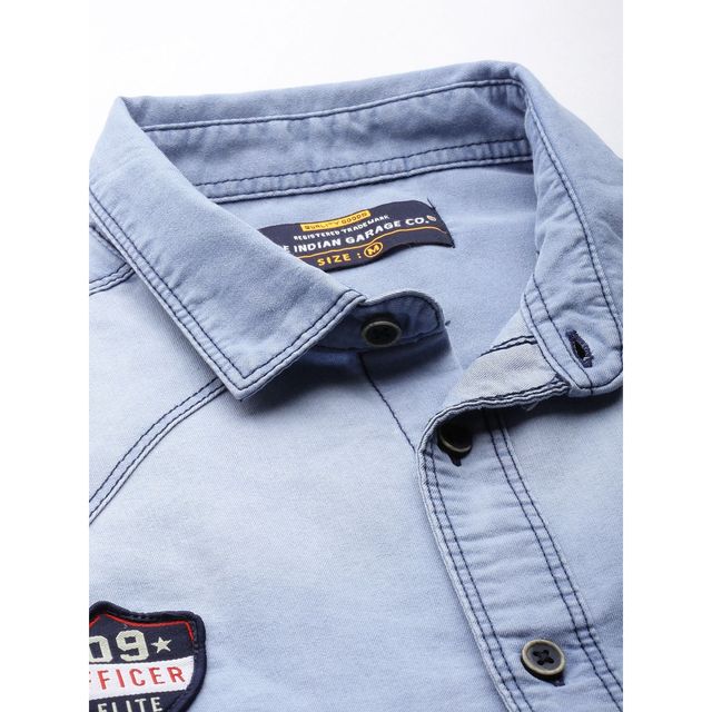 The Indian Garage Co Men's Slim Fit Solid Casual Denim Shirt | Blue - S