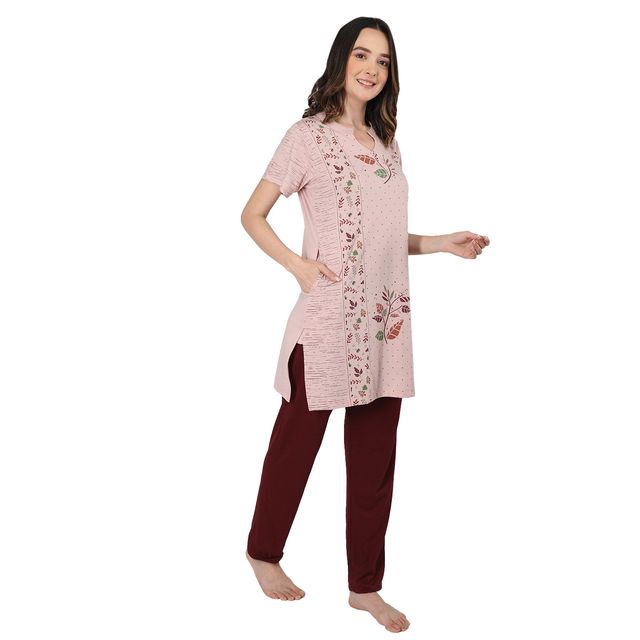 Duchess Women Cotton Regular Fit Printed Embroided Long Length Night Suit Set | Mouse-Maroon | 2XL