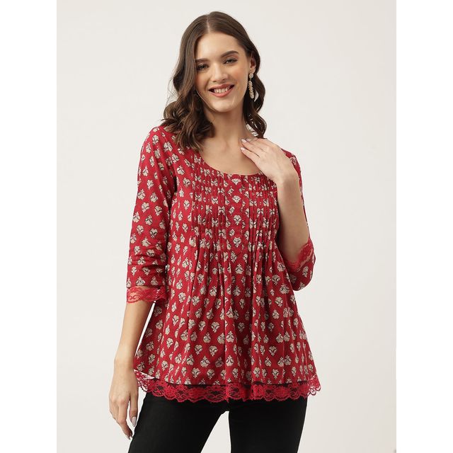 Divena Women's Floral Printed Cotton Peplum Top | DK0932 | Maroon - L
