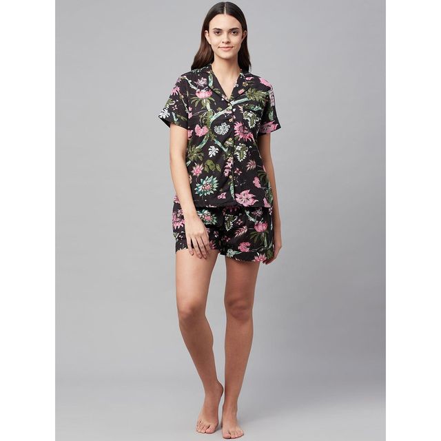 Divena Cotton Floral Print Women's Night Suit | DK0222 | Black - XL