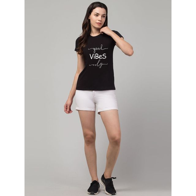 Smartees Women's Regular Fit Printed T-shirt | WW - Goodvibes | Black - XL