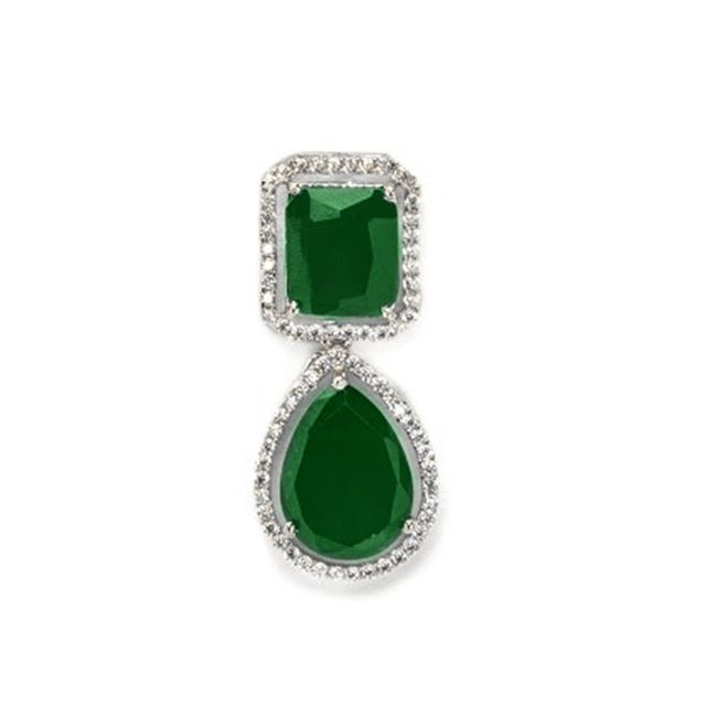 Rubans Rhodium-Plated Emerald Green and Cubic Zirconia Studded Premium Drop Earrings