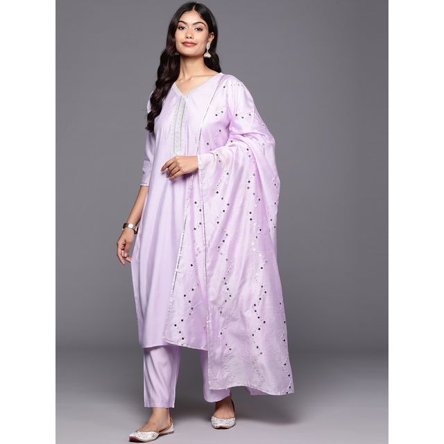 Libas Women's Lavender Yoke Design Silk Blend Straight Suit With Dupatta | XL