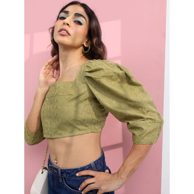 Tokyo Talkies Women's Sweatheart Neck Crop Top | Green - M