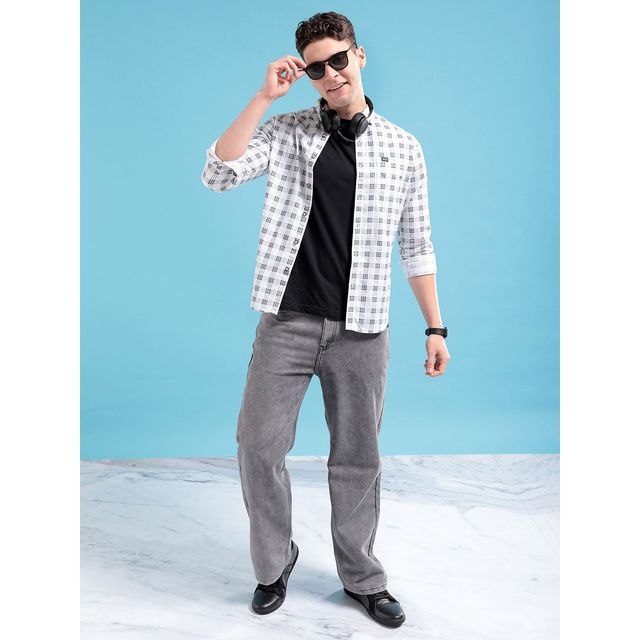 The Indian Garage Co Men's Slim Fit Checkered Casual Shirt | White - XL