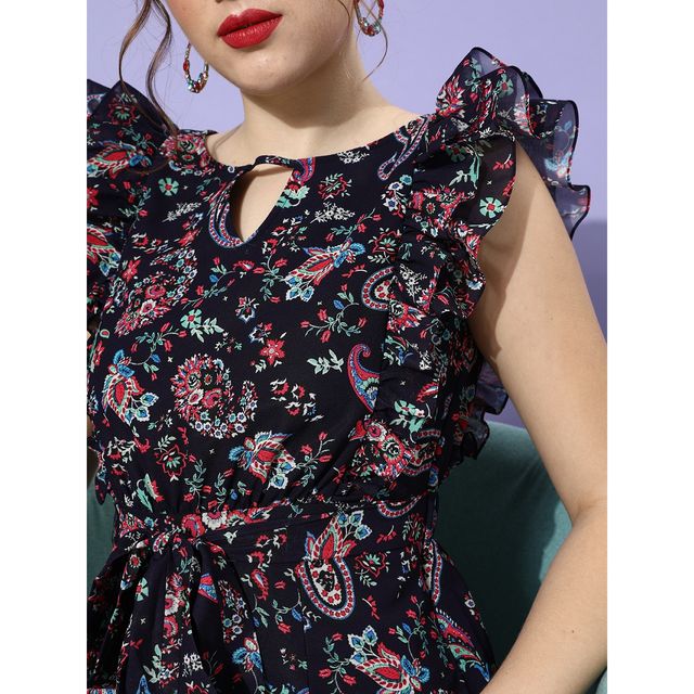 Miss Chase Women s Cashflow Is Queen Frilled Jumpsuit Multicolored Base Navy Blue | XL