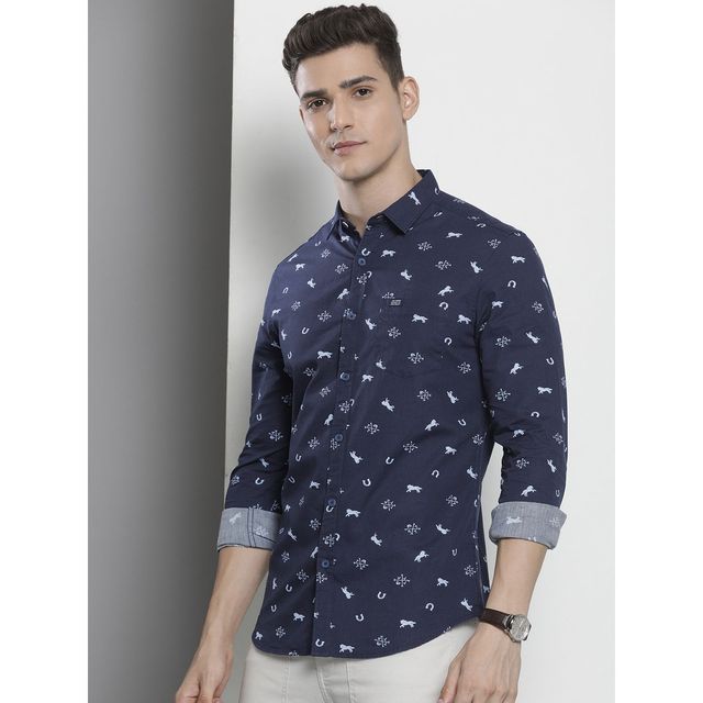 The Indian Garage Co Men's Regular Fit Animal Print Casual Shirt | Navy Blue - M