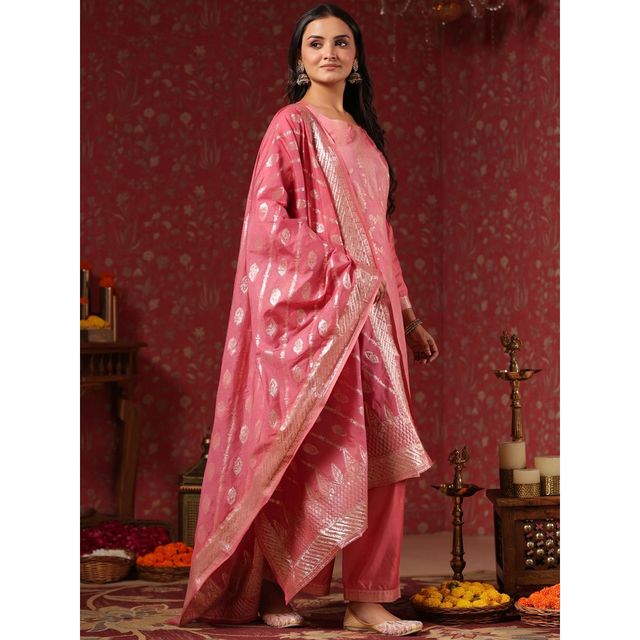 Ishin Women Straight Ethnic Poly Silk Kurta Set with Dupatta | INWSDAW231117 | Pink - M