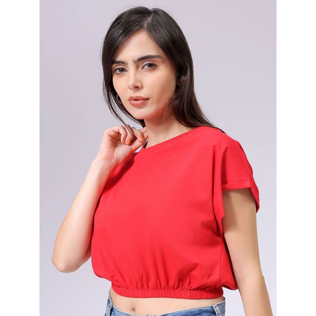 Freehand Women's Regular Solid Casual Crop Top | Red - S