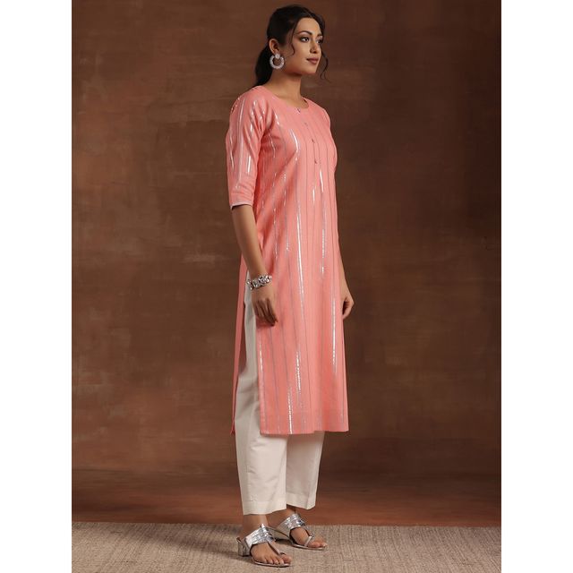 Libas Women's Woven Design Cotton Straight Kurta | 29197 29197 | Peach - L