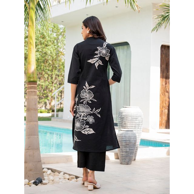 Divena Women s Black Floral Printed Cotton A-Line Fit Kurta Pant Set | DBK1364 | L