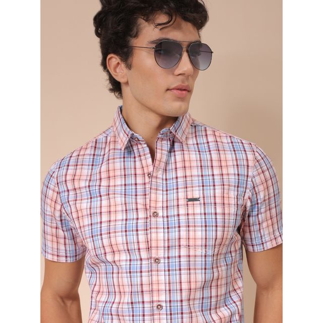 The Indian Garage Co Men's Slim Fit Half Sleeve Shirt | Peach - XL