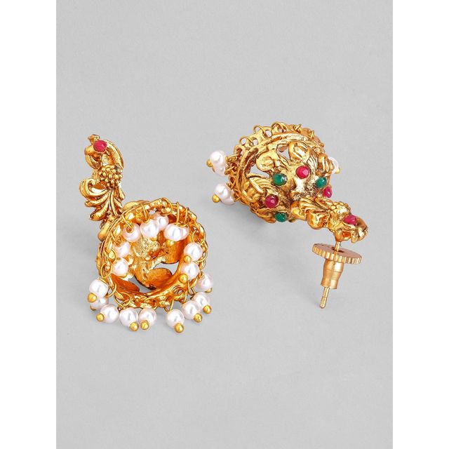 Rubans 22K Gold-Plated Red and Green Studded Temple Jewellery Set