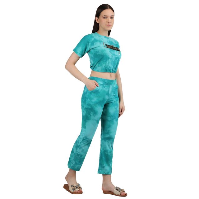 Duchess Women's Cotton Round Neck Printed top & Pyjama Co-ord Set | Light Cream Green - XL