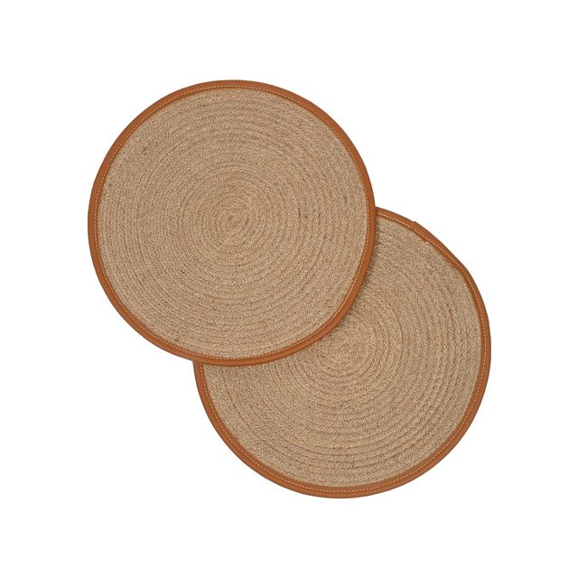 Hosta Homes Natural Jute Brown Leather Bounderied Reversible Table Place Mats | Tan | | Pack of 2