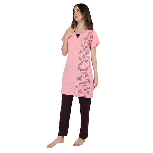 Duchess Women s Cotton Regular Fit Printed & Embroided Long Length Night Suit Set - Carrot | 2XL