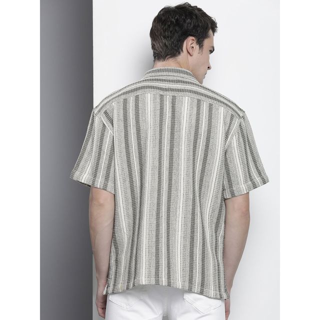 The Indian Garage Co Men's Relaxed Fit Striped Resort Wear Half Sleeve Shirt | Cream - S