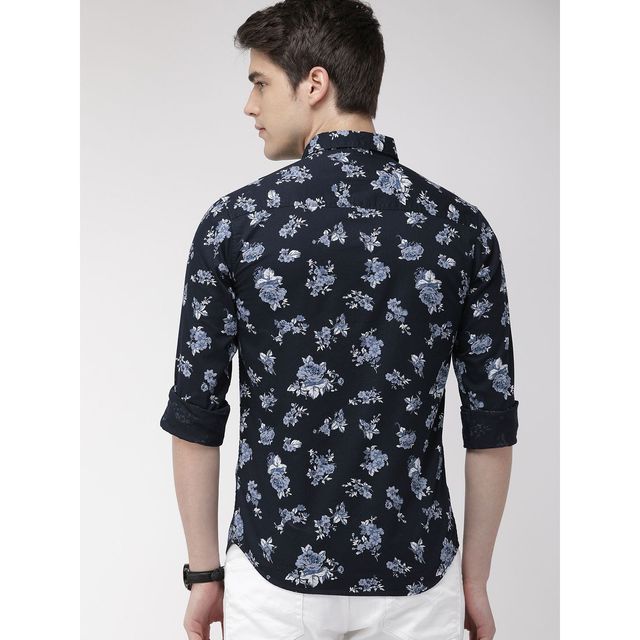 The Indian Garage Co Men's Slim Fit Floral Print Casual Shirt | Navy Blue - M