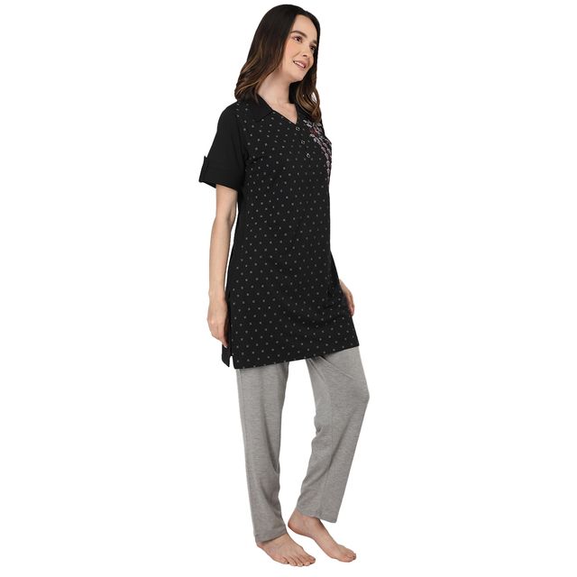 Duchess Women s Cotton Regular Fit Printed-Embroided Long Night Suit Set | Black | 3XL