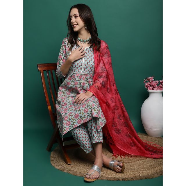 Bandia Women's Floral Printed Kurta Trouser Set with Dupatta | BANKS0003 | Sea Green | M