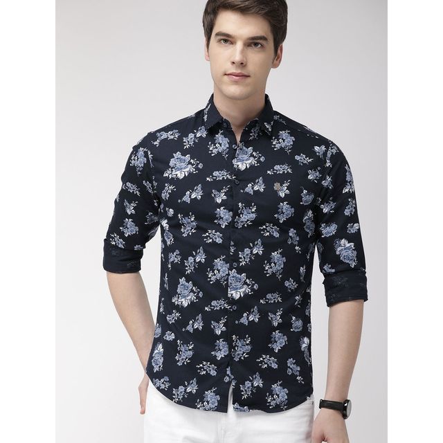 The Indian Garage Co Men's Slim Fit Floral Print Casual Shirt | Navy Blue - M