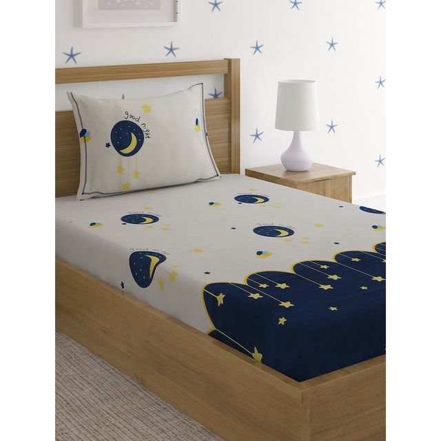 Hosta Homes 220 Gsm Glaced Cottonblue Moon & Stars Printed Single Bed Sheet With 1 Pillow Covers
