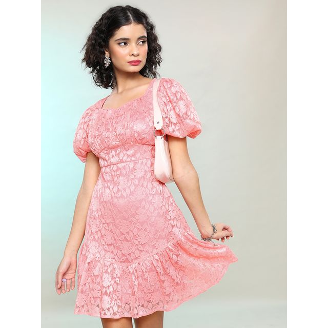 V-NECK PRINTED PUFF SLEEVES GATHERED BOW DRESS main image 1