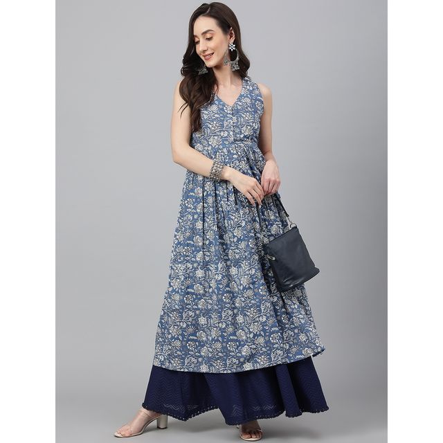 Janasya Women s Blue Pure Cotton Floral Print Flared Kurta - JNE4031-KR - M
