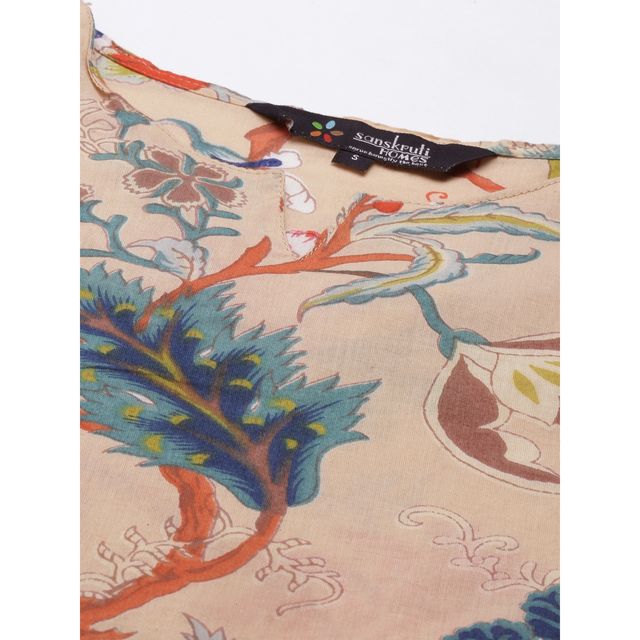 Sanskrutihomes Women Beige Pure Cotton Floral Print Pyjama | Set - M