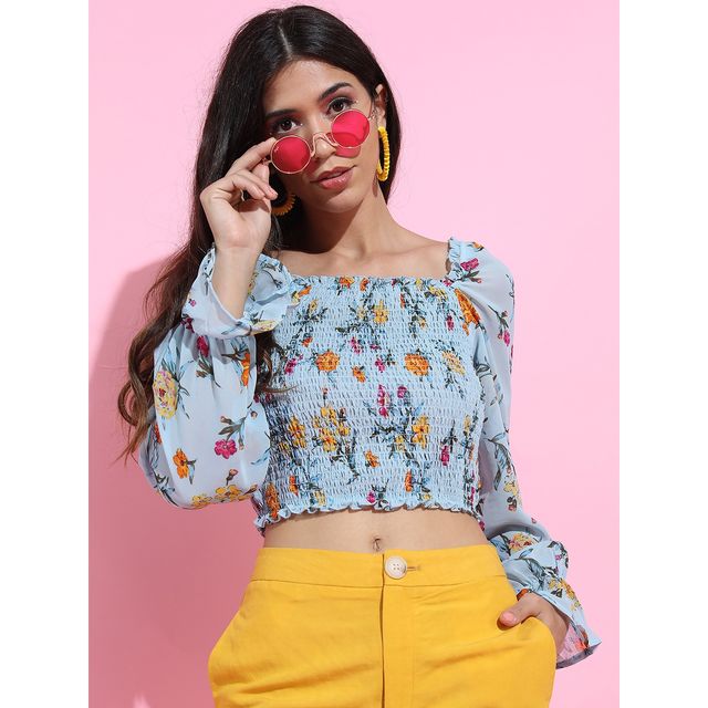 Tokyo Talkies Women's Floral Print Top | Light Blue - S