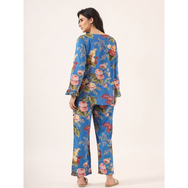 Sanskrutihomes Women's Floral Cotton Nightwear | Blue - XL