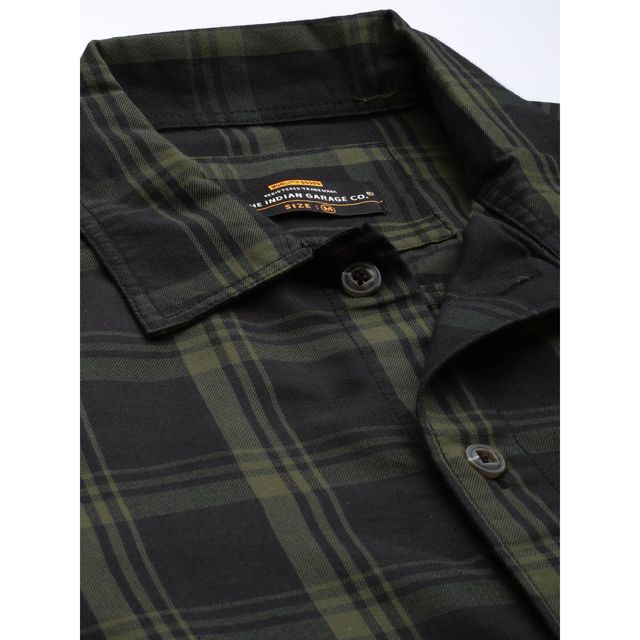The Indian Garage Co Men's Regular Fit Checkered Casual Over Shirt | Black - M