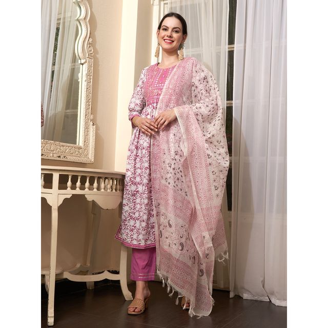 Bandia Women's Floral Printed Yoke Embroidery Kurta Set with Dupatta | BANKS0055 | Mauve | M