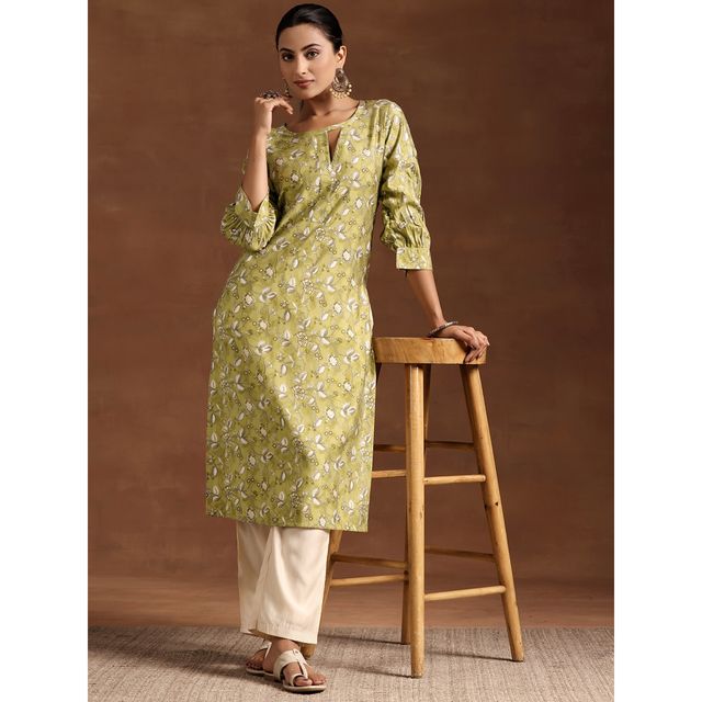 Libas Women's Printed Silk Straight Kurta | 29218 29218 | Green - L