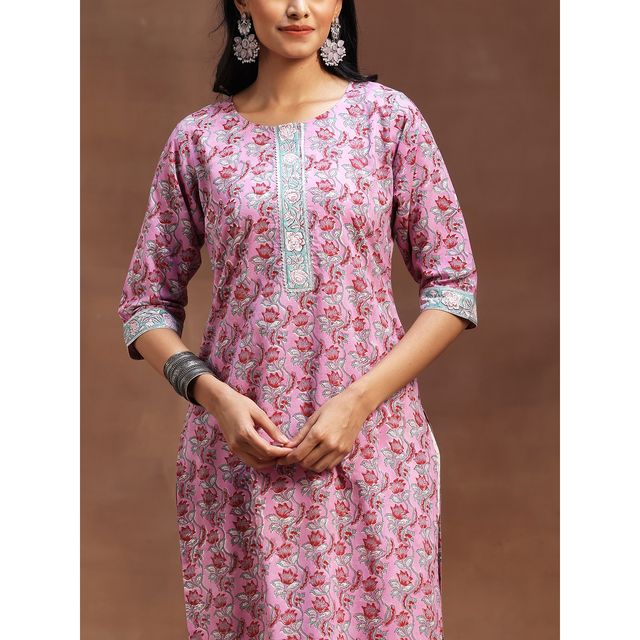 Libas Women's Pink Printed Cotton Straight Suit With Dupatta | S
