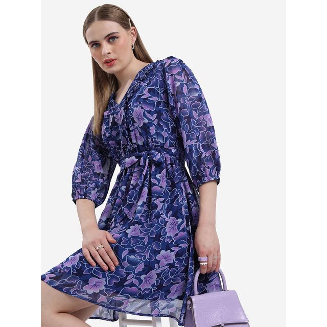 Ketch Women's Floral Printed Puff Sleeves Ruffled Fit & Flare Dress | Blue - L