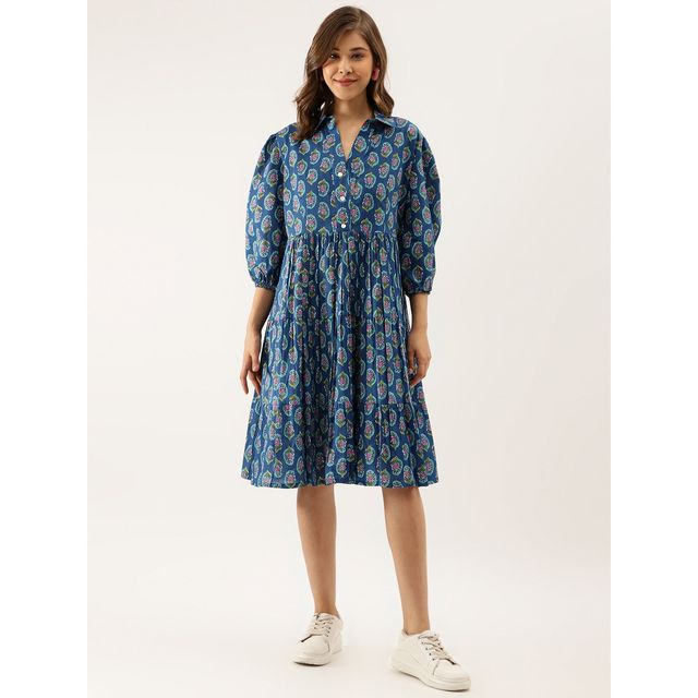 Divena Paisley Printed Cotton Dress for Women | DK1043 | Blue - S