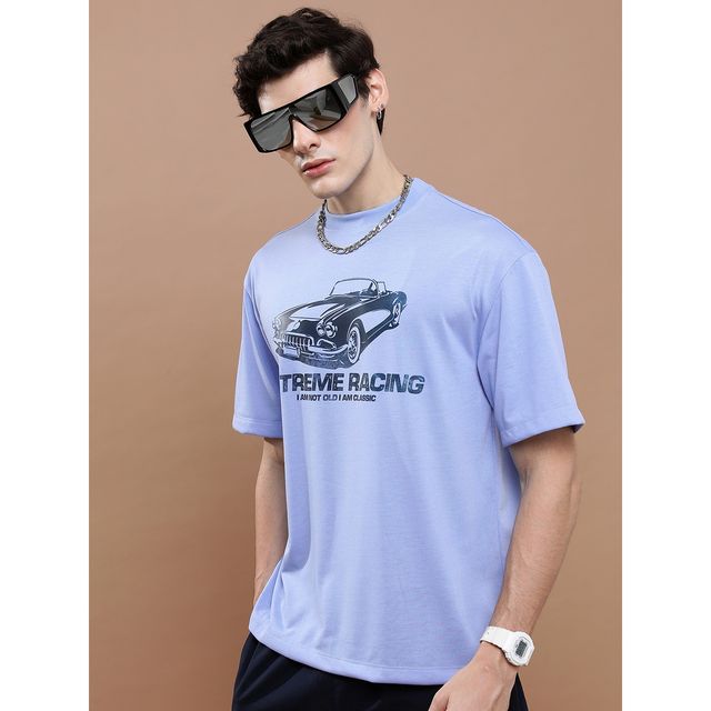 Highlander Unisex Typography Printed Applique Drop-shoulder Oversized T-shirt - Blue | L