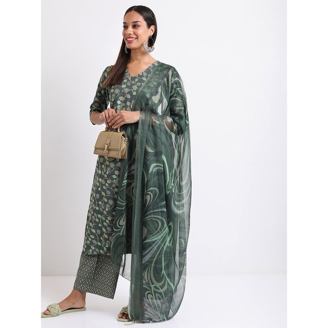 Ketch Women's Ethnic Motifs Printed Kurta With Trousers & Dupatta | Green | M