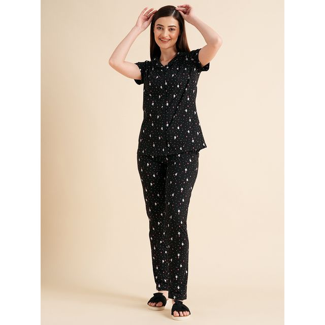 Sweet Dreams Women Printed Half Sleeves Pyjama Set Black S