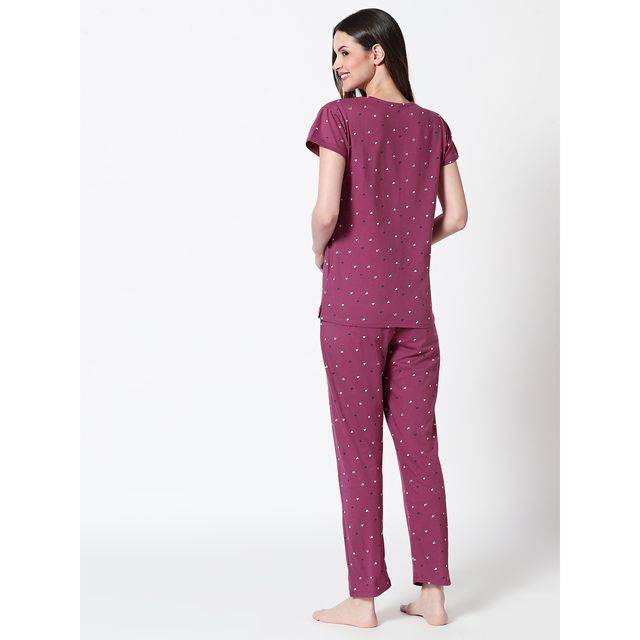 Zeyo Women Cotton Heart Printed Plum Red Night Suit Set of Top & Pyjama 5302-WN-5XL