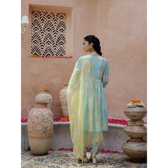 Rangdeep Floral Printed Thread Work Anarkali Kurta With Trousers & Dupatta | Women | Blue | M