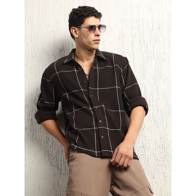 Hubberholme Men's Oversized Cotton Casual Check Waffel Double Pocket Full Sleeve Shirt | Brown - 40