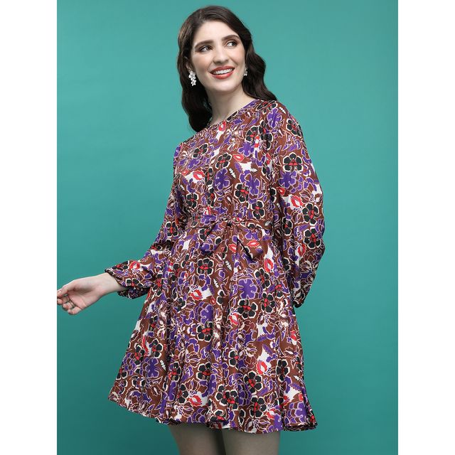 Ketch Women's Floral Printed Tie-Up Fit & Flare Dress | Multicolor - M