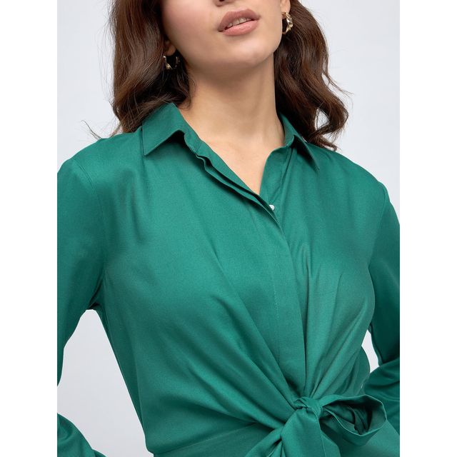 DL Women's Tie Ups Cotton Mini Shirt Dress | DLWDRW23005 | Green - S