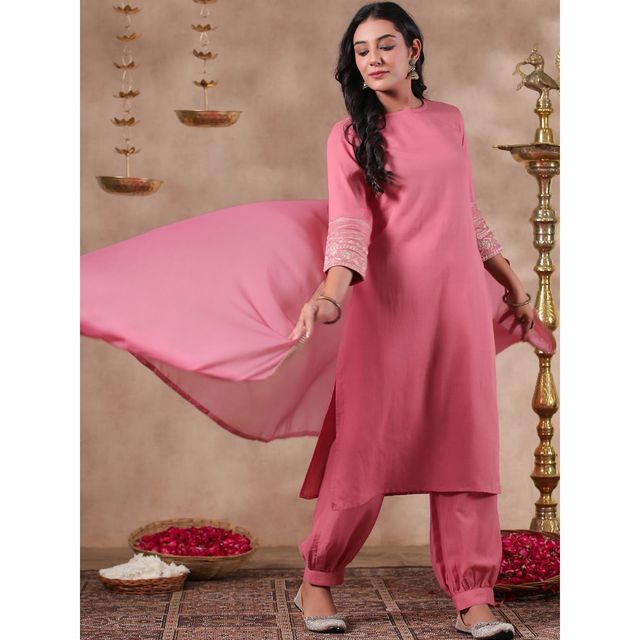 Anubhutee Women's Ethnic Straight Cotton Blend Kurta Set with Dupatta | Coral - L