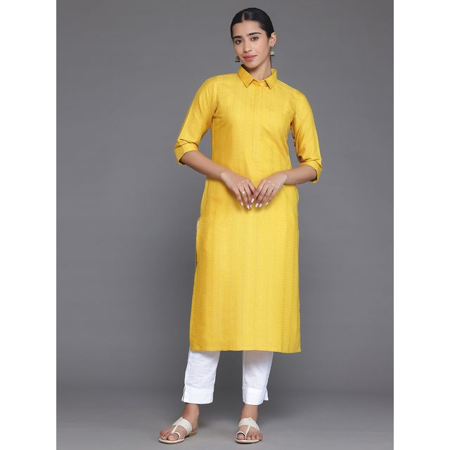 Libas Women's Yellow Woven Design Cotton Straight Kurta | 26876 - L