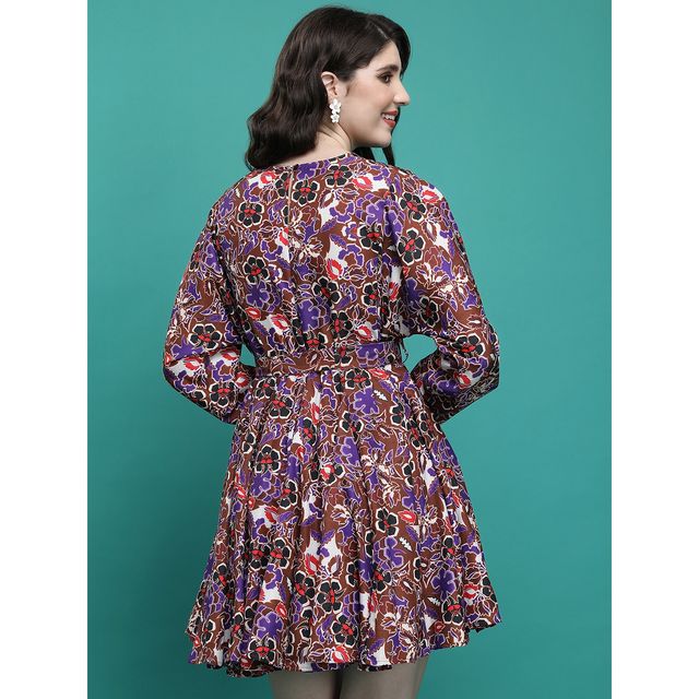 Ketch Women's Floral Printed Tie-Up Fit & Flare Dress | Multicolor - M